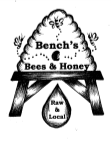 Bench's Bees & Honey logo: a beehive over a wooden picnic table, with a honey drop labeled 'Raw & Local'